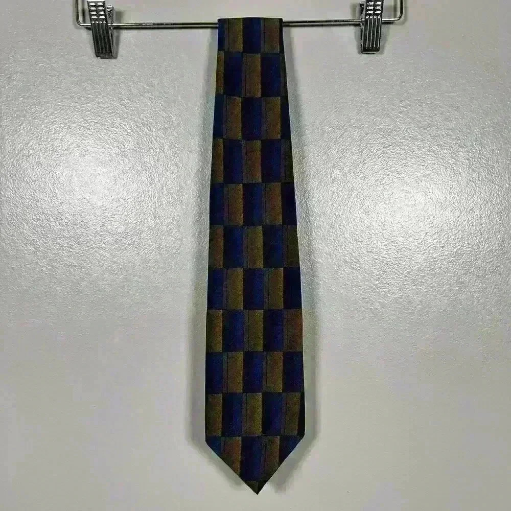 VTG 80s OSCAR DE LA RENTA 100% Silk Tie Blue Green Block Print 55" x 3.5" - Picture 5 of 5